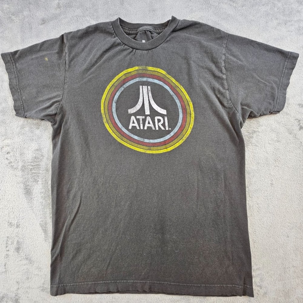 Atari Shirt Mens Medium Gray Short Sleeve Crewneck Ripple Junction Spellout Logo